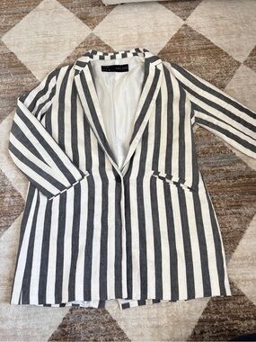 Zara Black & White Vertical Stripe Long Blazer